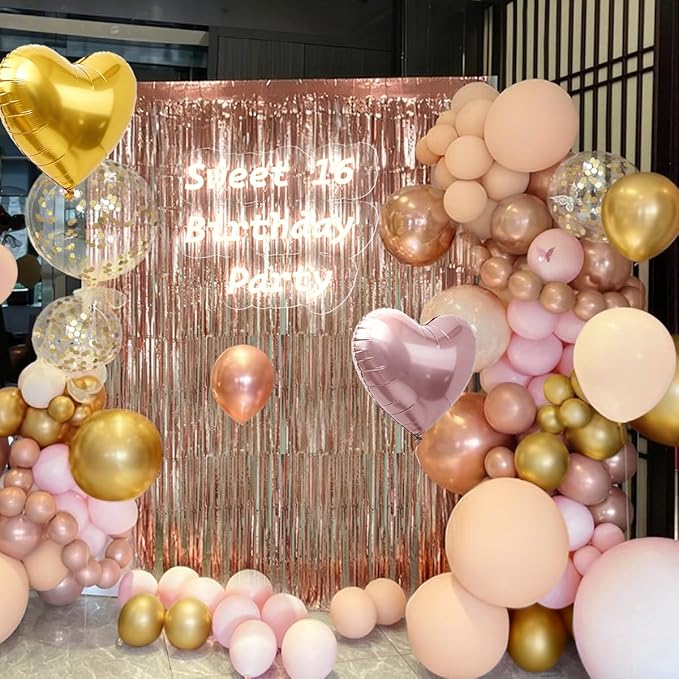 157PCS Rose Gold Balloon Garland Arch Kit with Fringe Curtain for