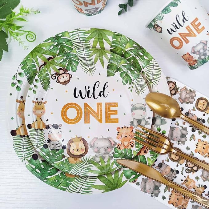 175 Pcs Wild One Birthday Decorations Plates Set 25 Guests Safari