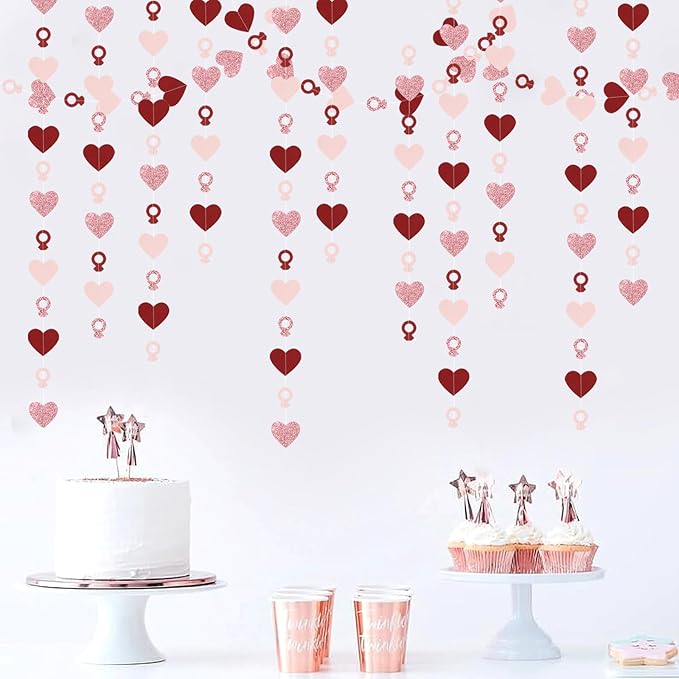 Rose-Gold Pink Burgundy-Red Heart-Ring Garland - 52Ft Engagement