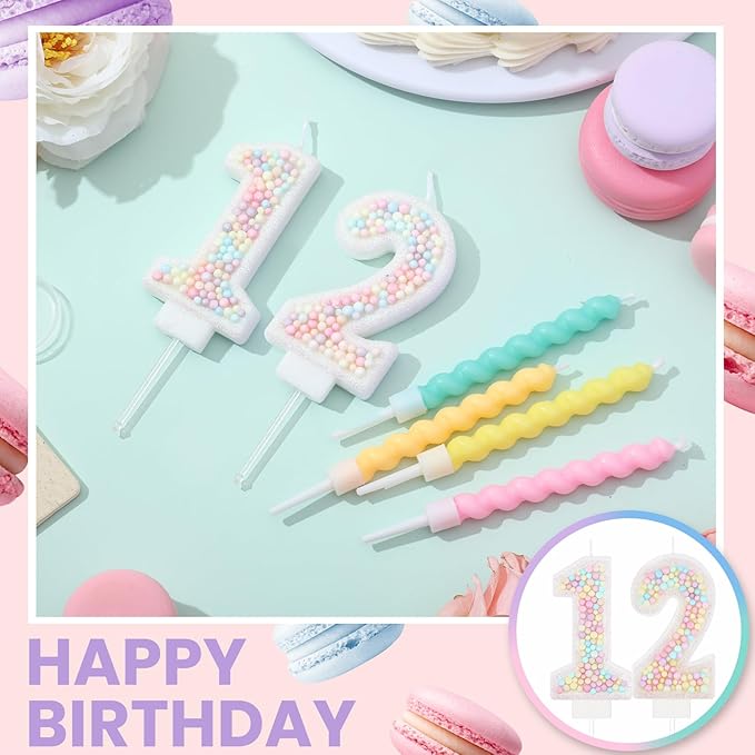 MTLEE Number 12 Birthday Candle with 12 Pcs Spiral Candles for Girls