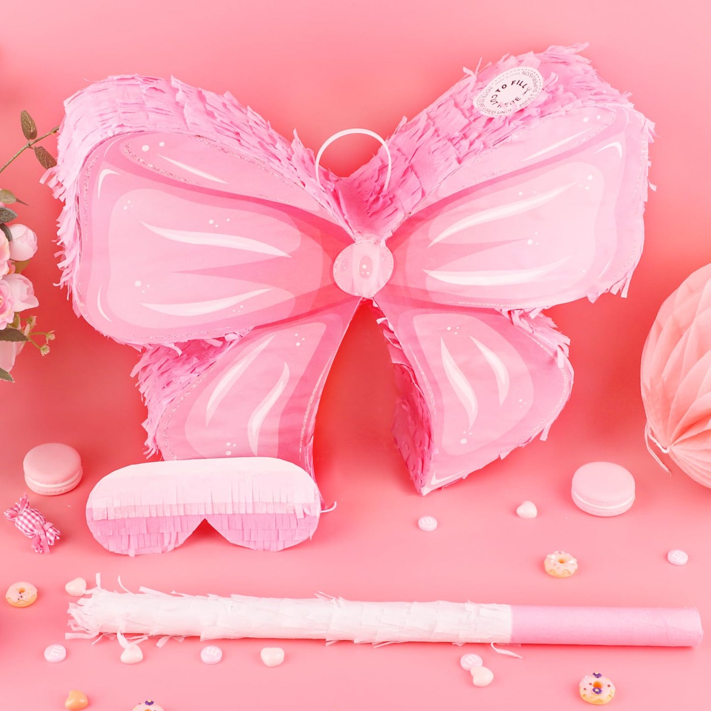 Hooqict Pink Bow Pinata with Blindfold and Bat Stick Pink Girls Pinata