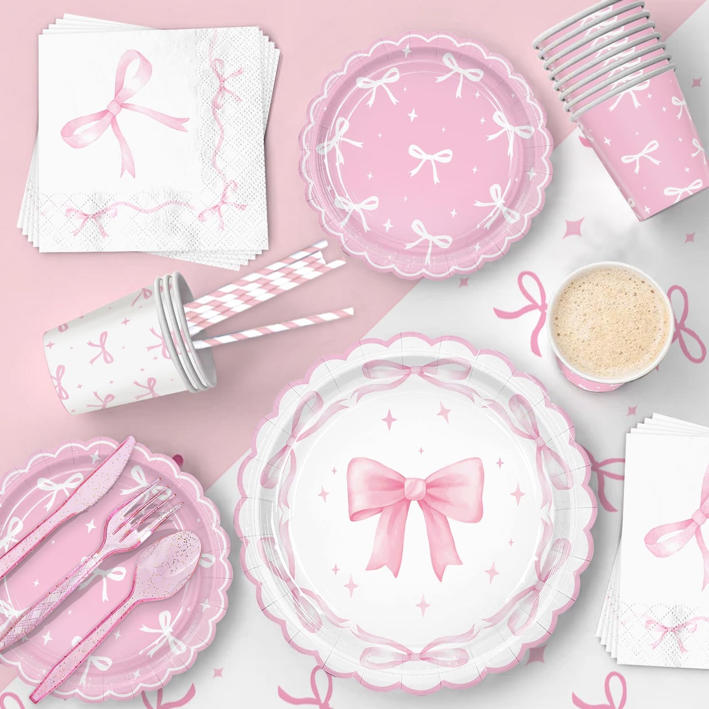 161PCs Pink Bow Party Supplies Pink Coquette Plates Napkins Cups
