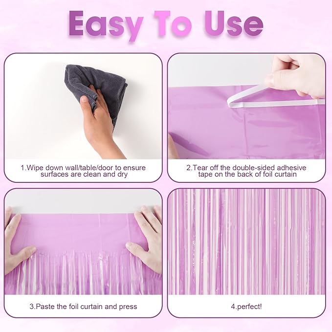 Voircoloria 3 Pack 3.3 x 8.2 ft Pastel Purple Foil Fringe Backdrop
