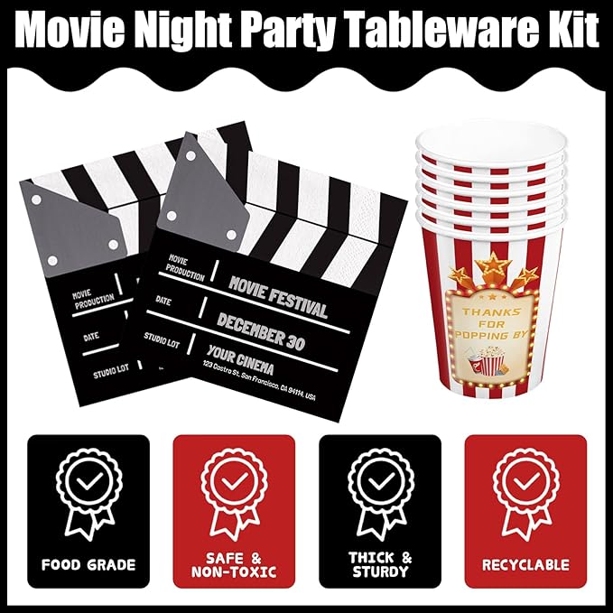 170pcs Movie Night Party Supplies Now Showing Paper Plates Napkins