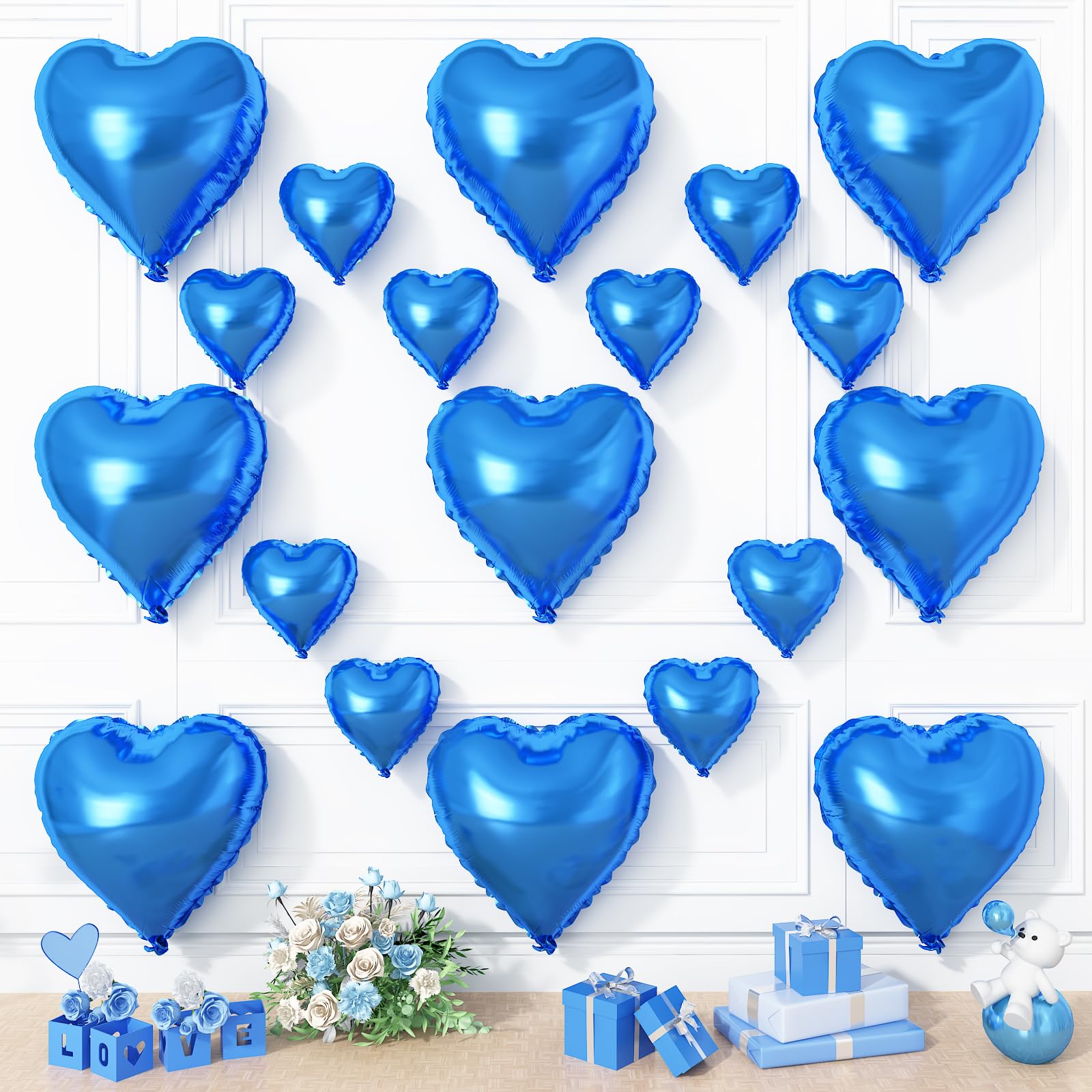 Blue Heart Balloons, 19PCS Blue Heart Shape Balloons, 18Inch with