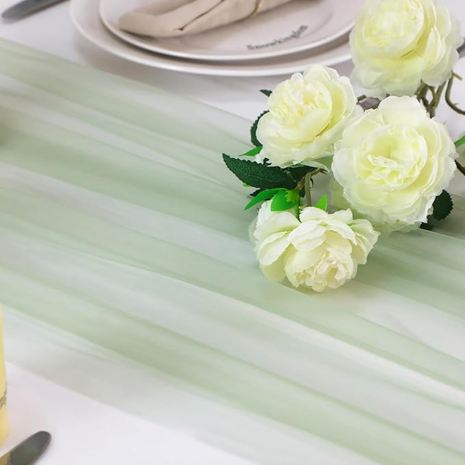 Snowkingdom Sage Green Table Runner, 10 FT Sheer Tulle Cheesecloth