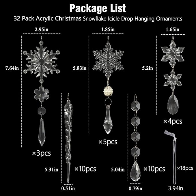 Christmas Tree Decoration Crystal Ornaments - 32pcs Acrylic Christmas