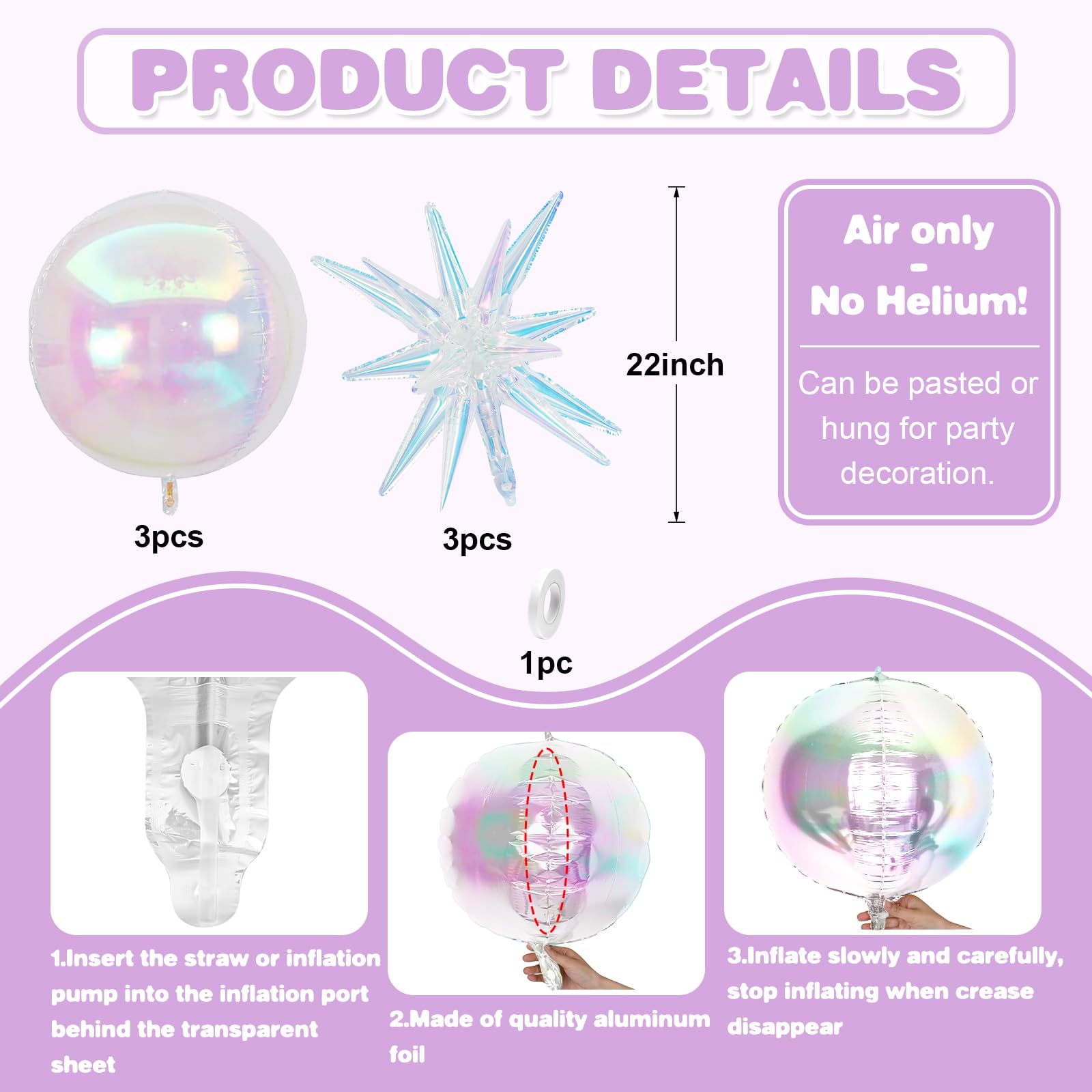 6Pcs Iridescent Foil Balloons,22Inch Clear 4D Round Holographic Ball