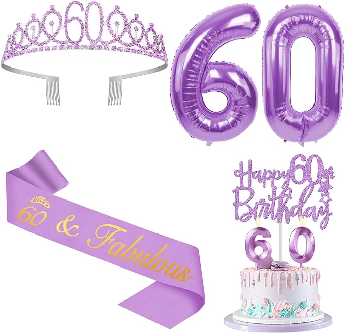 60th Birthday Decorations for Women Purple with 60th Birthday Sash