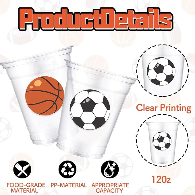 50Pcs Sports Party Decoration Cups 12Oz Plastic Disposable Cups