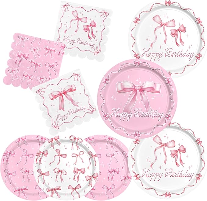Pink Bow Happy Birthday Decorations Set for 16 Bachelorette Party