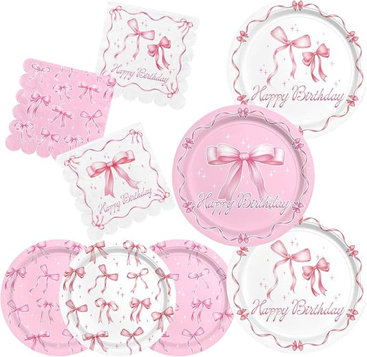 Pink Bow Happy Birthday Decorations Set for 16 Bachelorette Party
