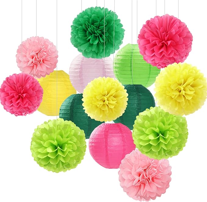 Hawaiian Summer Pool Party Decorations Paper Flowers Lanterns 15pcs