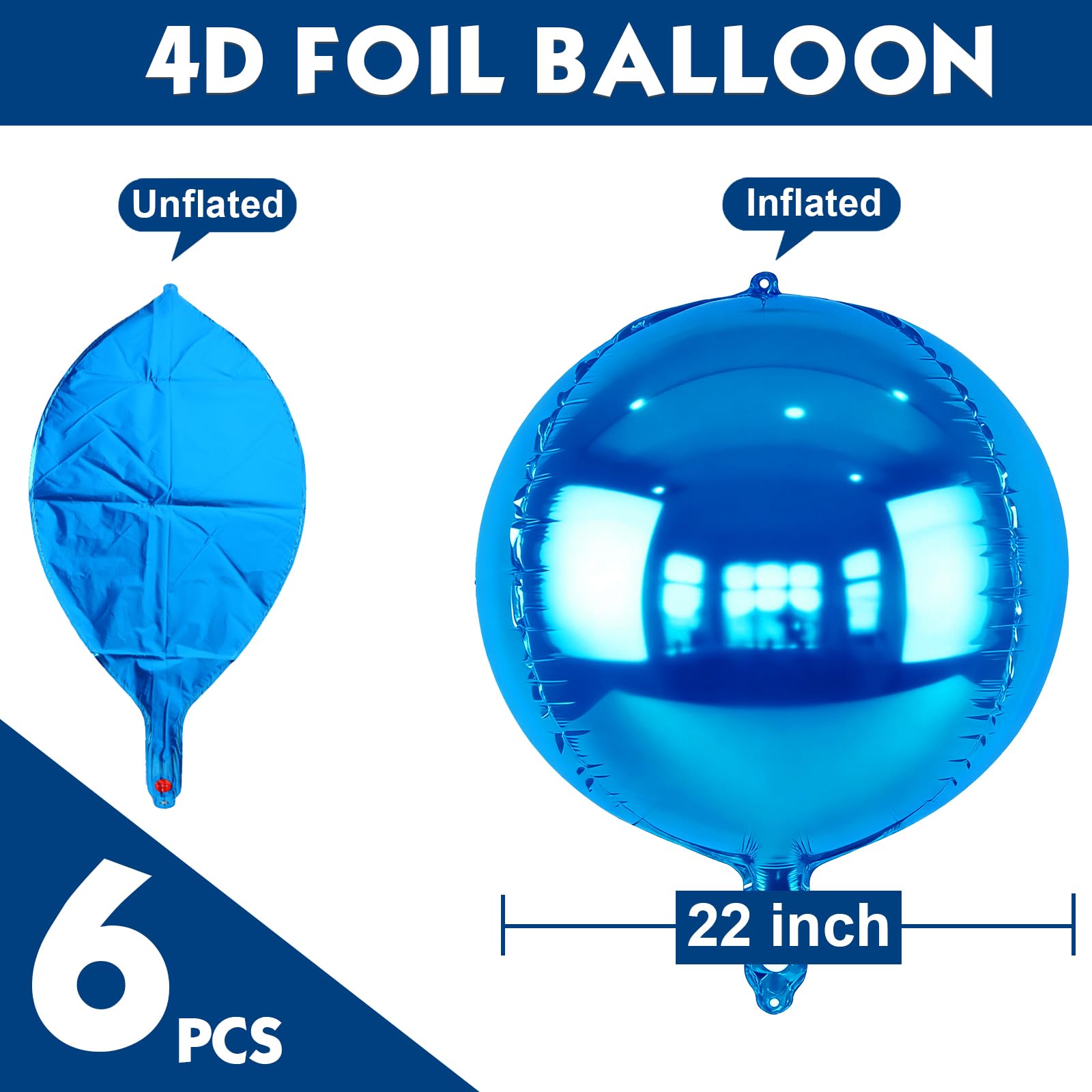 Metallic Blue Round Foil Balloons, 22" Large 4D Sphere Mylar Balloons