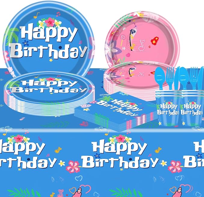 81Pcs Tropical Hawaiian Party Cutlery Set Blue and Pink Party Plates