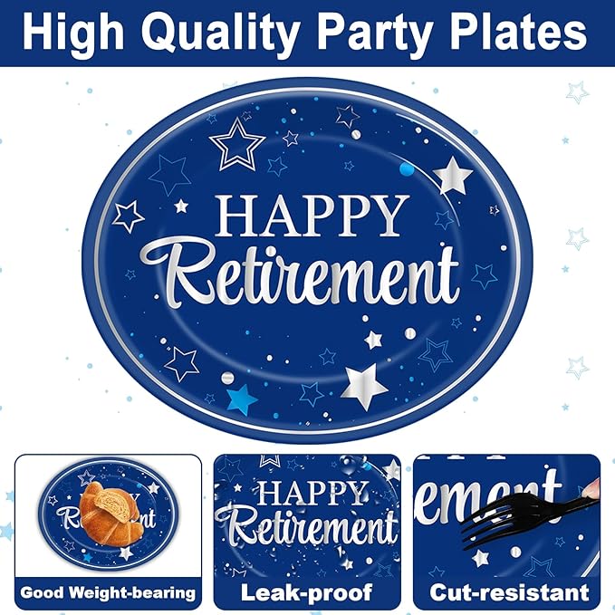 Happy Retirement Party Oval Paper Plates 11inch Blue Silver