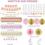 65Pcs Birthday Decorations Happy Birthday Banner Pink Rose Gold