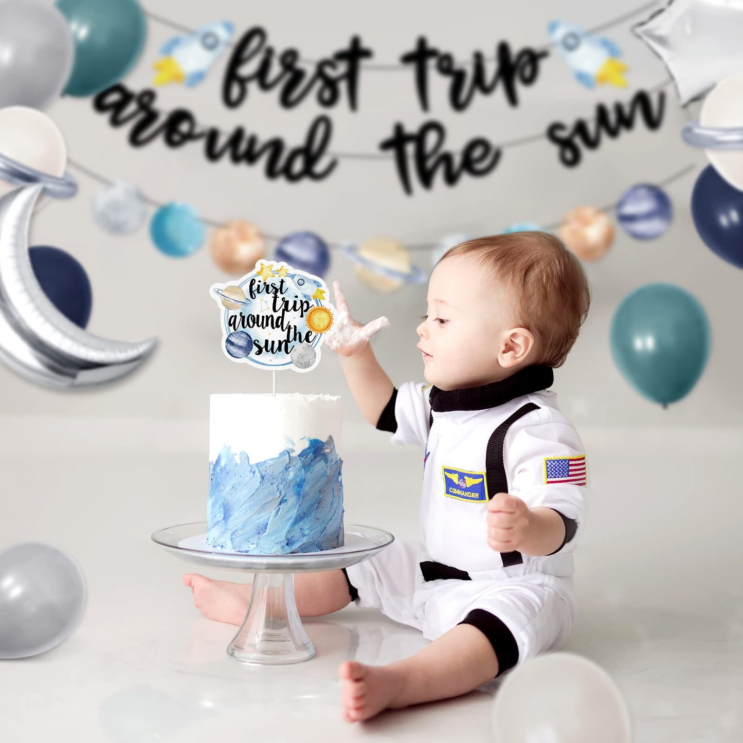 First trip Around the Sun Birthday Decorations -58pcs Outer Space 1st