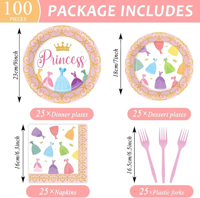 100 Pcs Princess Birthday Plates and Napkins Princess Themed Party