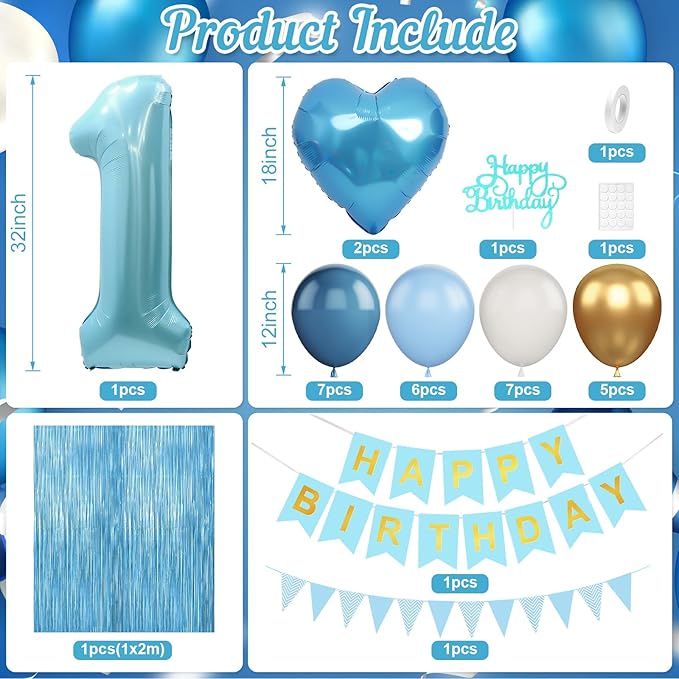 1st Birthday Decorations Blue White Gold First Birthday Balloons