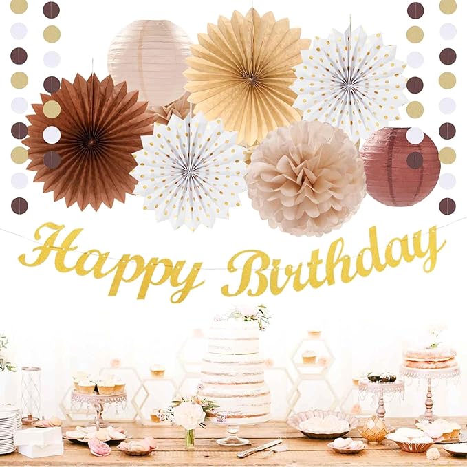 White Brown Champagne Gold Boho Birthday Party Decorations 21pcs