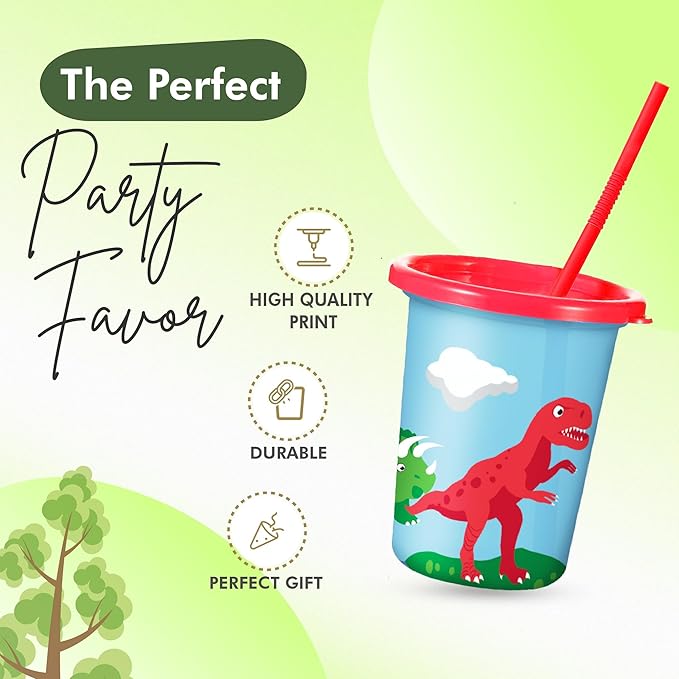 Dinosaur Cups for Kids Party with Straw and Lid Set of 12 Dino Cups