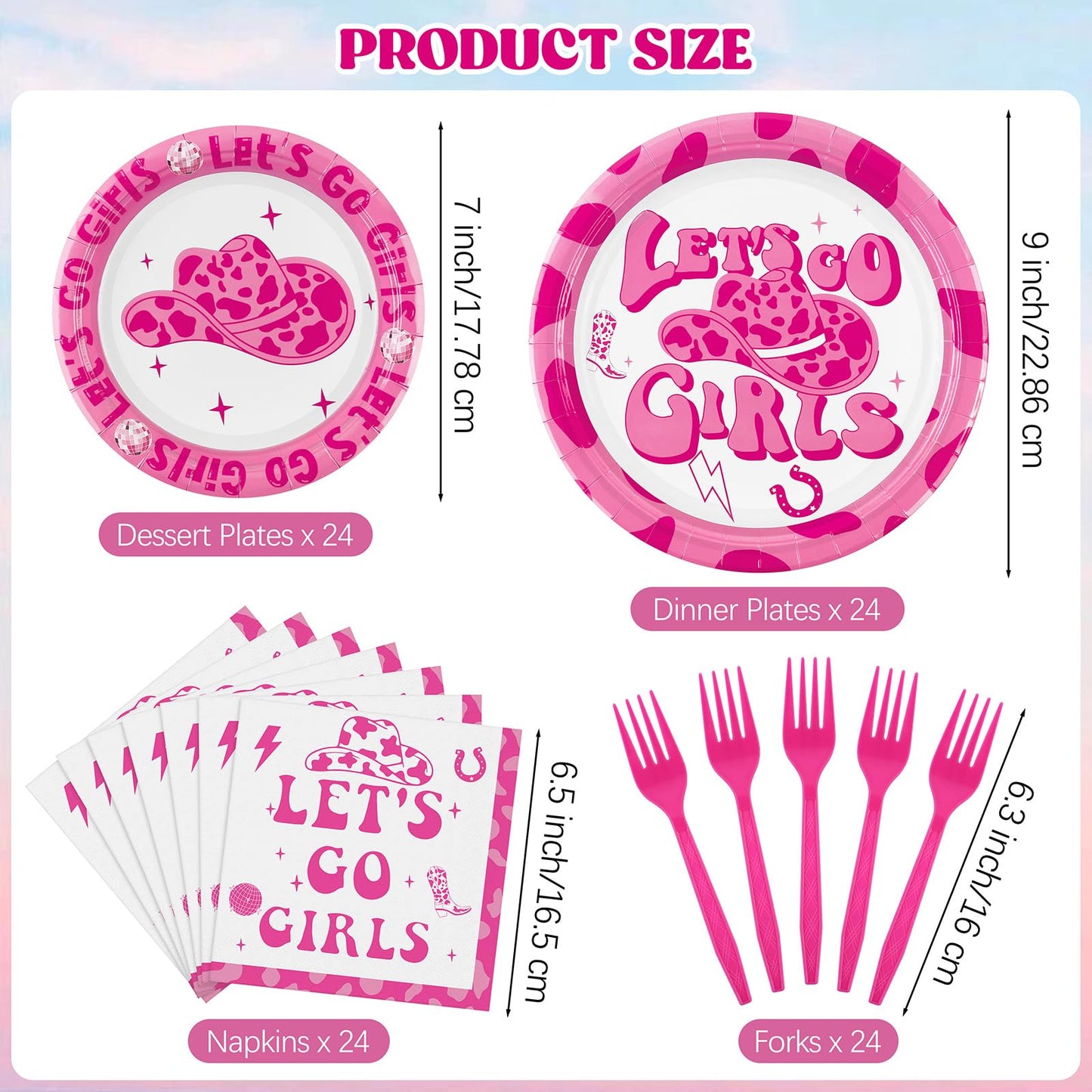 durony 96 Pieces Let's Go Girls Party Tableware Serve 24 Guests