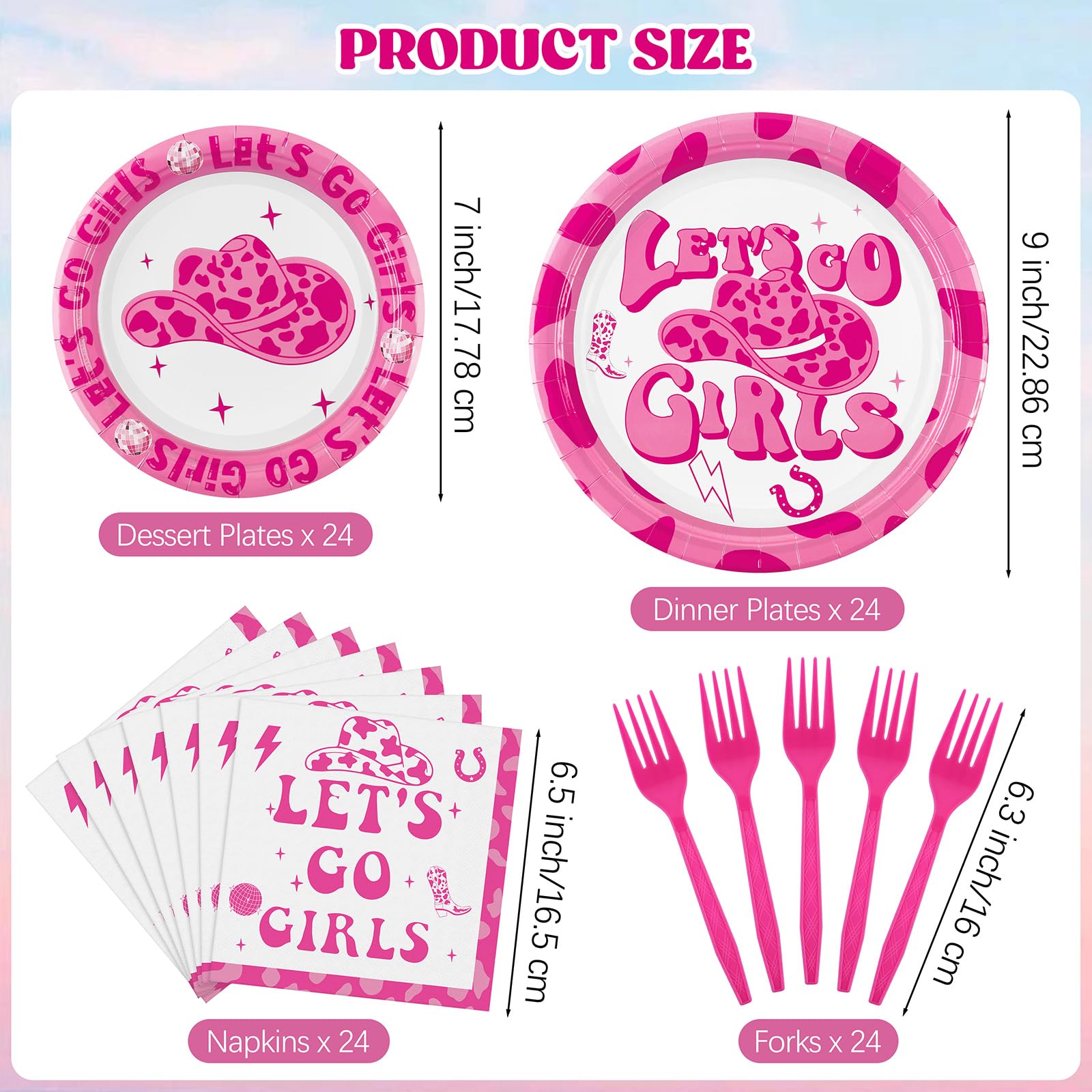 durony 96 Pieces Let's Go Girls Party Tableware Serve 24 Guests