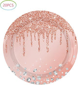 Pink Rose Gold Birthday Decorations Dessert Plates and Napkins for