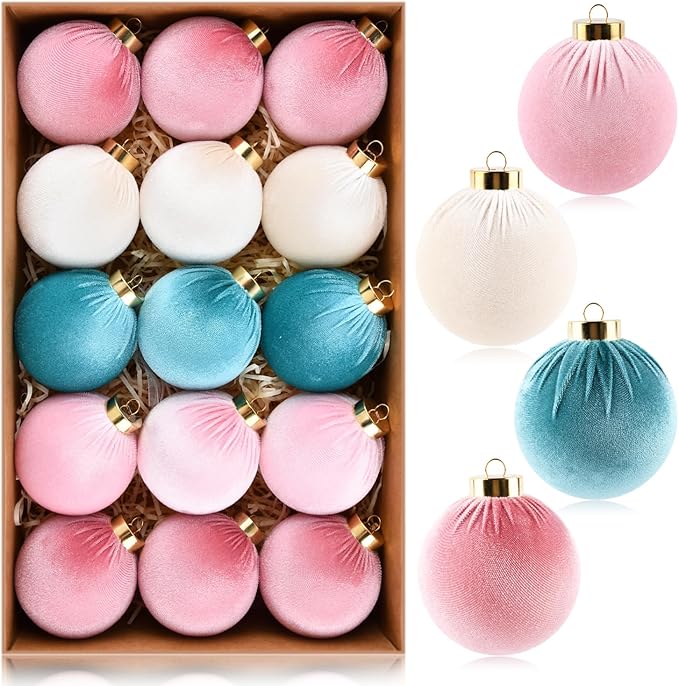 Velvet Christmas Ornaments Balls for Tree - 15pcs Pink & Teal