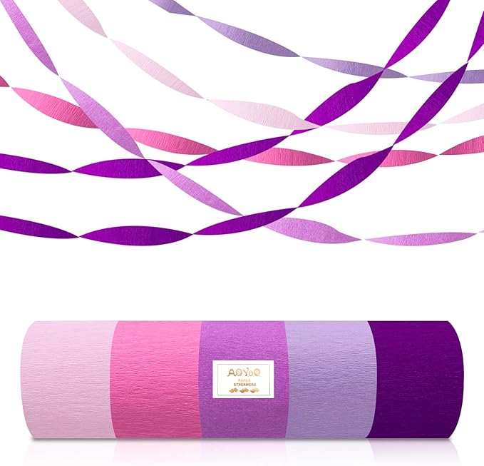 5 Rolls Purple Pink Crepe Paper Streamers, Lavender Hot Pink Party