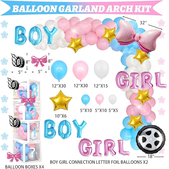 Burnouts or Bows Gender Reveal Decorations Kit 171 Pcs Boy or Girl