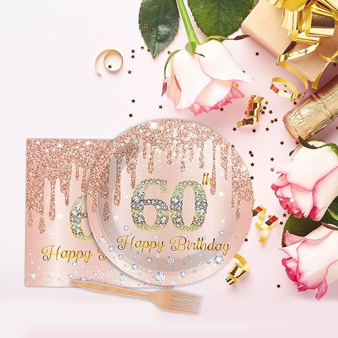 96 Pieces 60th Birthday Party Tableware Set for Pink Rose Gold 60th