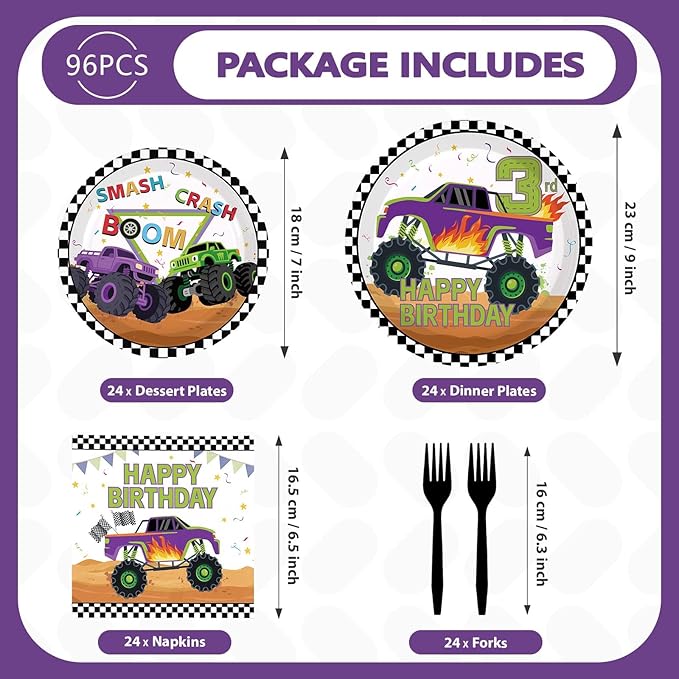 96 Pcs Monster Theme Truck 3rd Birthday Party Supplies Green Purple