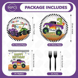 96 Pcs Monster Theme Truck 3rd Birthday Party Supplies Green Purple