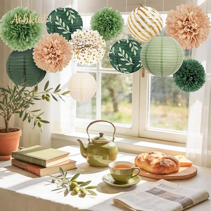AOBKIAT Wedding Party Decorations Set,12PCS Olive Green Sage Paper