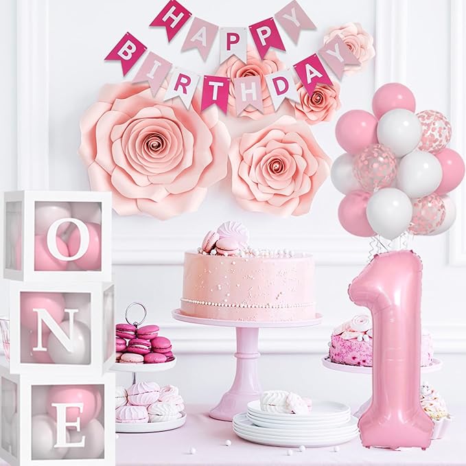 Baby Girl First Birthday Decorations Pastel Pink White Balloons 40