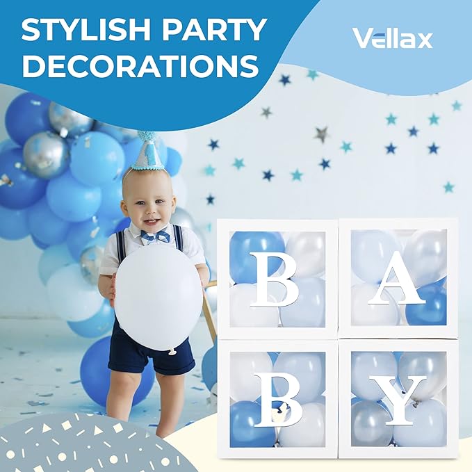 Baby Shower Boxes with Letters – White Boxes with Blue, Silver &