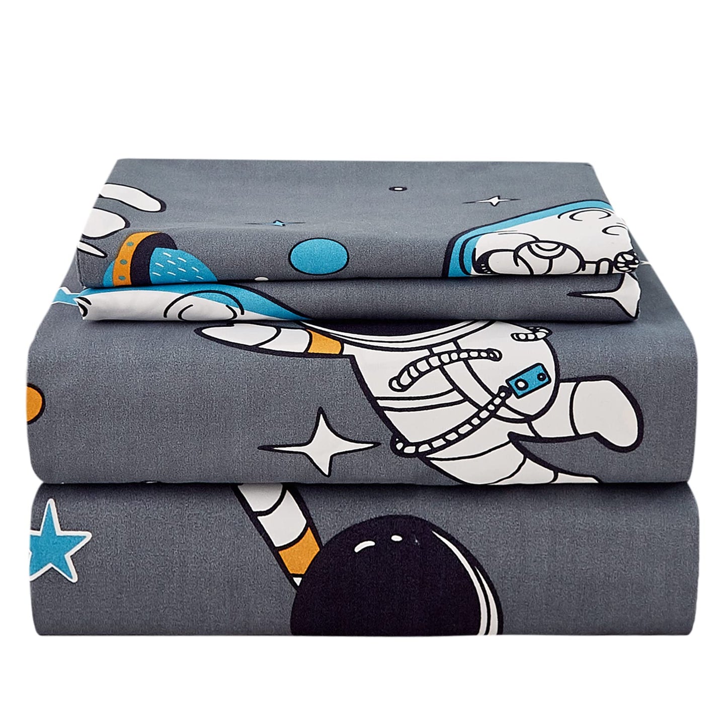 JSD Grey Astronaut Kids Sheet Set Full Size, 4 Piece Boys Space