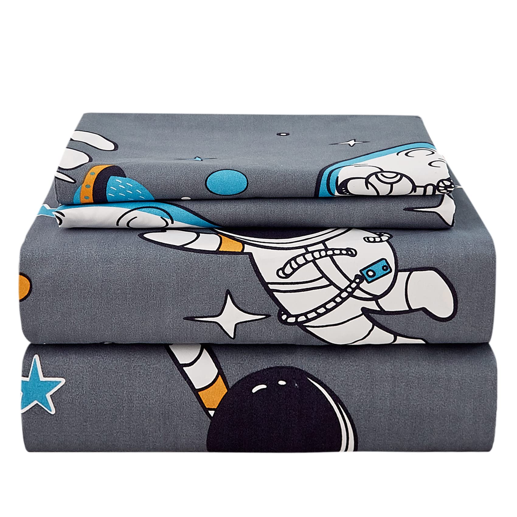 JSD Grey Astronaut Kids Sheet Set Full Size, 4 Piece Boys Space