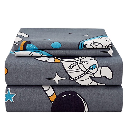 JSD Grey Astronaut Kids Sheet Set Full Size, 4 Piece Boys Space
