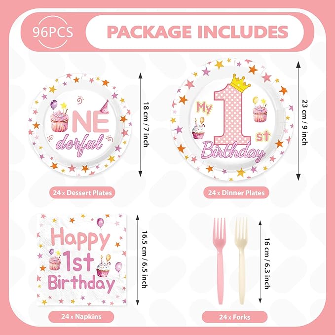 96 Pcs Pink First Birthday Party Decorations Sweet One Happy 1st