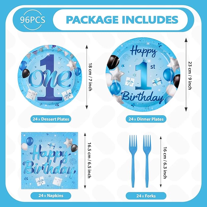 96Pcs Blue 1st Birthday Party Decorations Mr Onederful Plates and