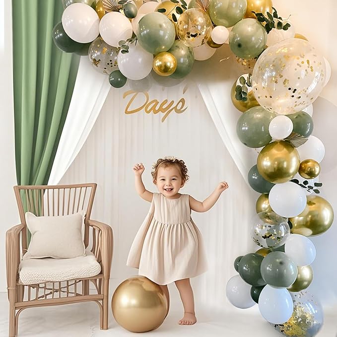 Sage Green Balloons, 60pcs 12inch Sage Green White Metallic Gold
