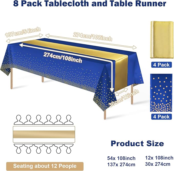 8Pack Disposable Plastic Tablecloths and Satin Table Runner Set Blue