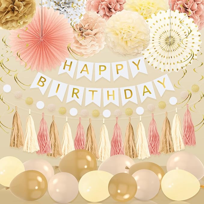 Champagne Gold Fall Boho Birthday Decorations for Women Girls Beige