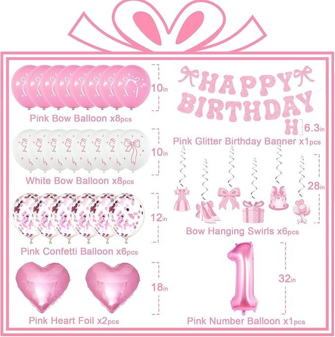 Pink Bow 1st Birthday Decorations Girl Kit Bow Coquette Party