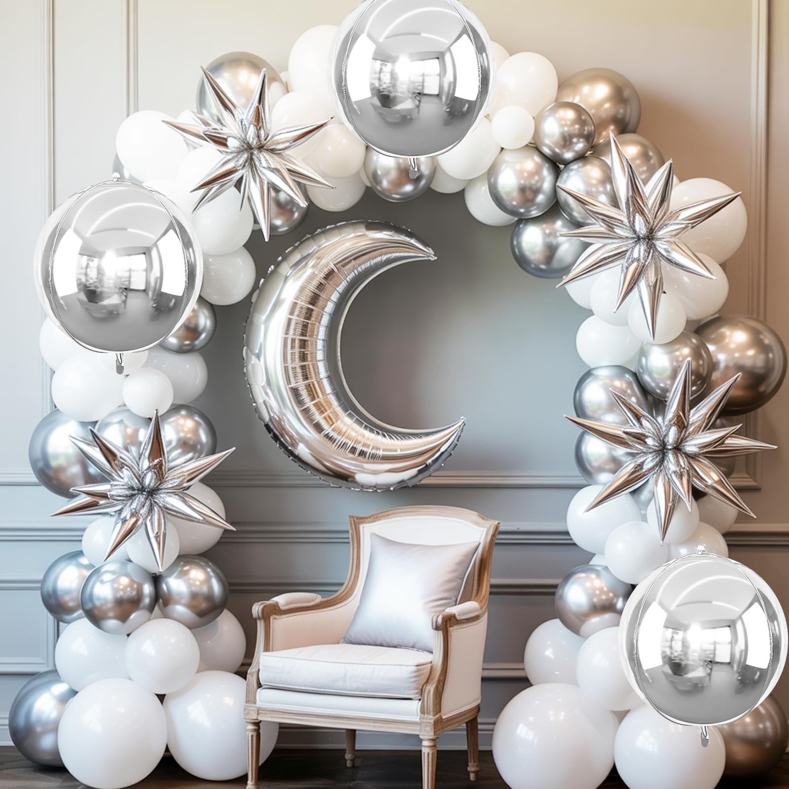 6Pcs Silver Foil Balloons,22Inch Metallic Silver 4D Round Ball Balloon