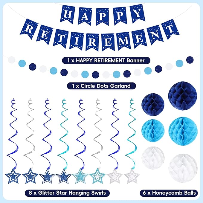 Happy Retirement Party Decorations for Men Women Blue Silver Happy