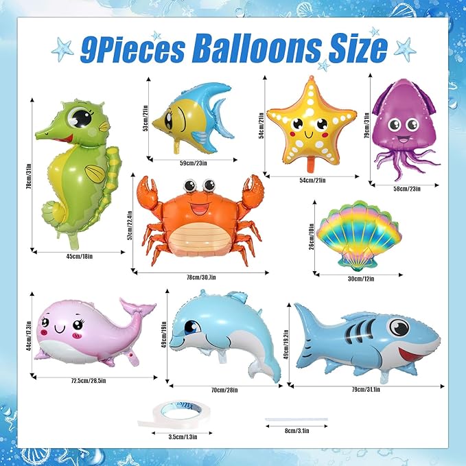 9 Pcs Sea Animal Balloons, Under The Sea Decorations, Creature Shark